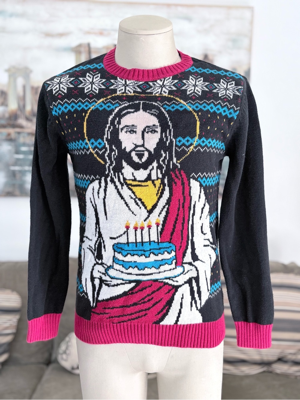 Ugly Christmas Sweater- Jesus Birthday Holiday Sweater, Black and Red